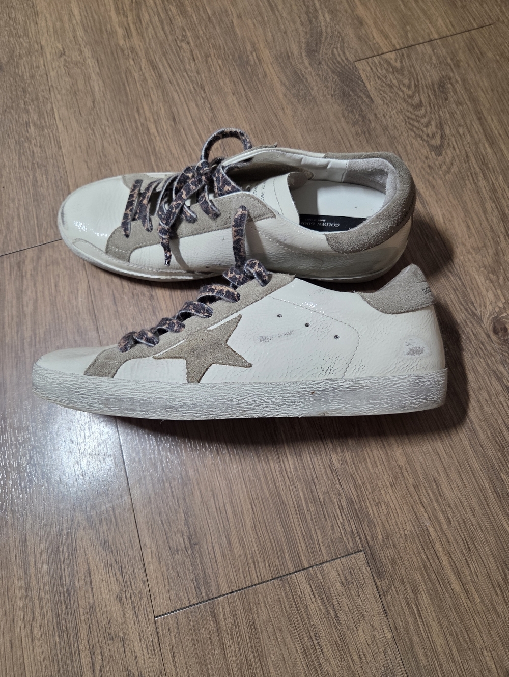 Golden Goose Cream Leather and Taupe Suede Sneakers with Animal Print Laces - Picture 2 of 9